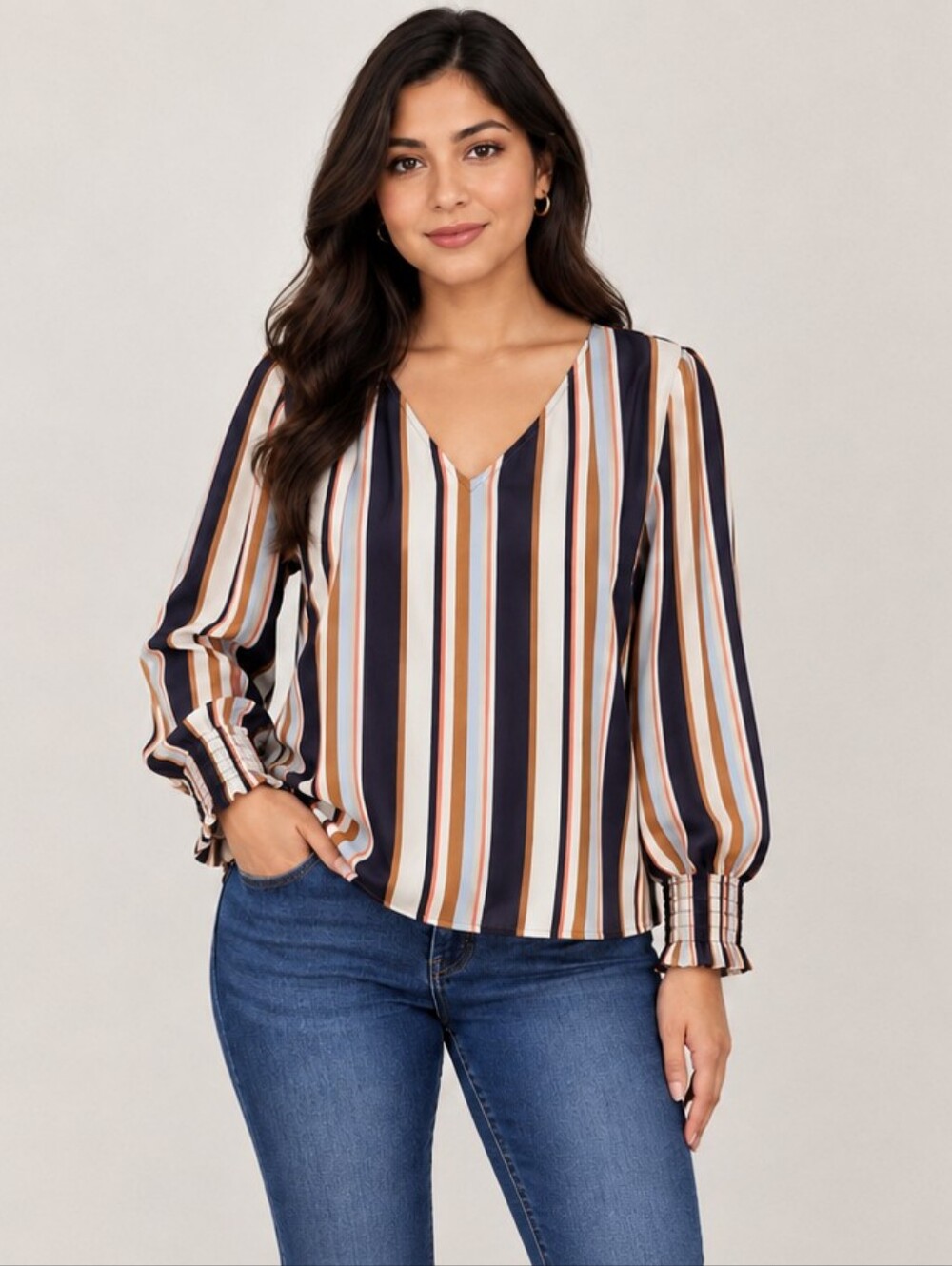 Worthington Size L Striped V-Neck Long Sleeve Blouse